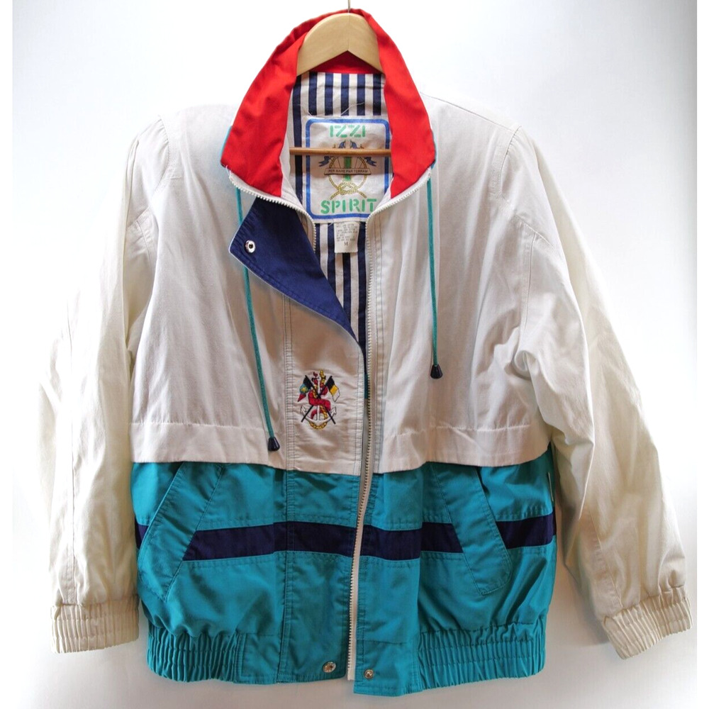 Izzi‎ Jacket Size Medium Nautical white Blue turquoise Pads Vintage 80's